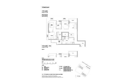 滨海花园一号 (One Marina Gardens) Floor Plan 3 Bedroom 3BR1
